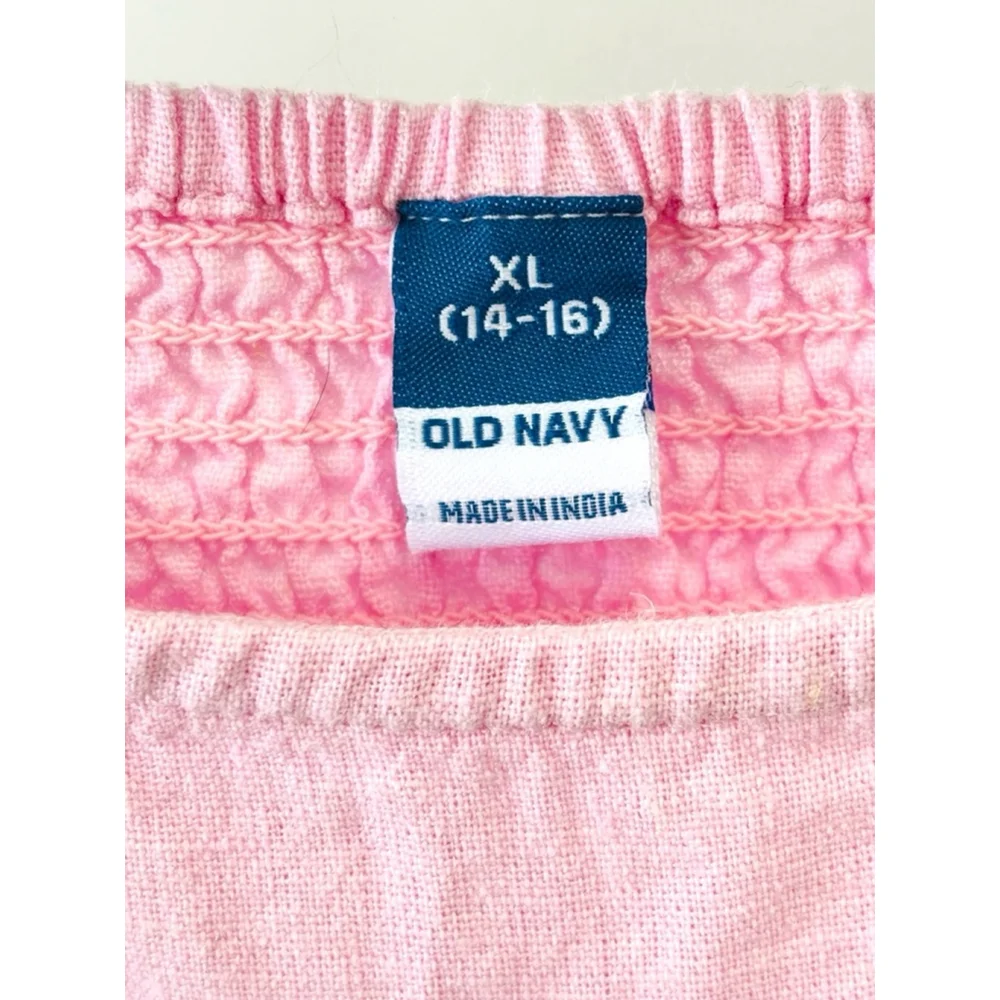 Old Navy Girls XL (14-16) Preppy Pink Puff Sleeved Top Smocked Pineapple Print